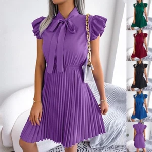 Women Summer Sleeveless Solid Dress Ladies Pleated Hem Party Casual Sundress UK - Picture 1 of 52