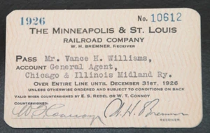MINNEAPOLIS & ST. LOUIS RAILROAD CO. 1926 pass No. 10612 C & I Midland Ry - Picture 1 of 2
