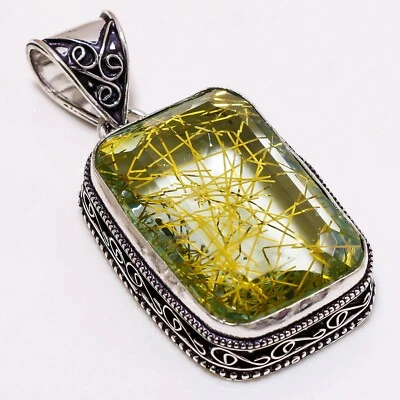 Colgante de joyería étnica hecha a mano de plata 925 con piedras preciosas de cuarzo rutilo dorado de 2" Foto 1 de 2