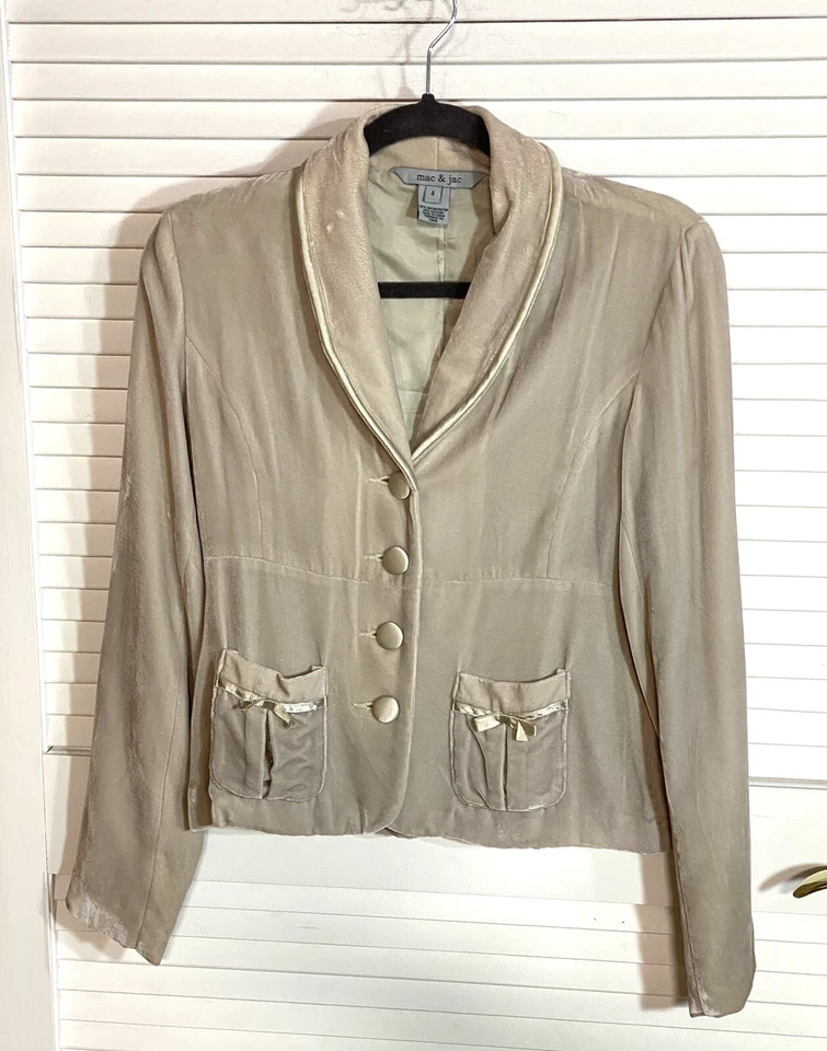 Nordstrom Mac & Jac Velvet Beige Women Size 4 Blazer Jacket Pin Holes ** - Image 1 of 4