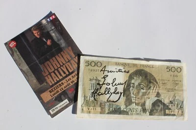 Autographe Johnny HALLYDAY Dédicace HALLYDAY sur Billet 500 Francs Signé Main - Photo 1/4