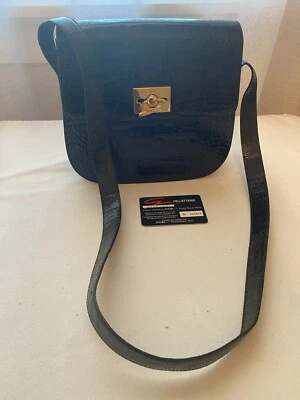 Bolsa de ombro de couro Genny preta crocodilo em relevo feita na Itália ouro hardware-cartão - Imagem 1 de 4
