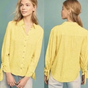 Maeve by Anthropologie Yellow Button Down Tie Sleeves Shirt size 14 Sprinkle - Picture 1 of 5