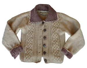 Vintage Aran Sweater Market  Cardigan 100% Wool Brown Beige Speckled Boy's XS - Picture 1 of 8
