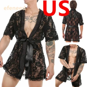 US_Herren Umhang Oberteil durchsichtig Spitze Bad Nachtmantel Hemdkleid Bademantel Lungewear - Bild 1 von 29