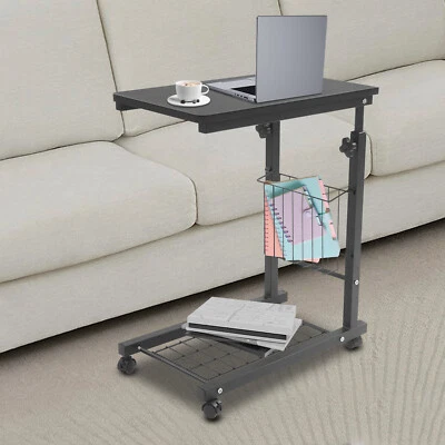 2 Tiers Adjustable Bed Side Table Black Indoor Mobile Standalone Table w/ Wheels - Image 1 of 4
