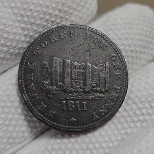 Ficha de un centavo 1811 Newark Inglaterra grande antigua inglesa rueda de carro de cobre - Imagen 1 de 9