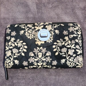 Vera Bradley Signature Turn Lock Wallet Zip Floral On Black RFID Moonless Night - Picture 1 of 14