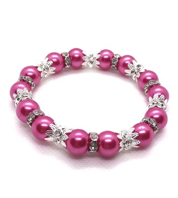 Pulsera elástica elástica elástica de plata tibetana y perlas de vidrio rosa brillante de 10 mm para mujer Foto 1 de 2