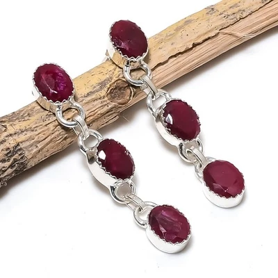 Lab-Created Ruby Gemstones Handmade 925 Sterling Silver Earrings Jewelry - Image 1 of 4