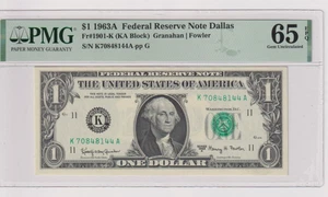 Fr 1901-K 1963A $1 FRN K70848144A PMG 65EPQ GEM CU GREEN 1963-A DALLAS - Picture 1 of 2