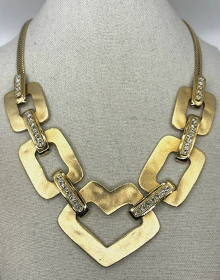 Collar Art Deco Geométrico Eslabón Tono Dorado Martillado Cepillado Estrás Cristal Foto 1 de 4