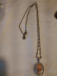 Vintag Oval Pink Rhodonite Pendant On Long Silver Tone Chain. SH Mark On The Tag - Picture 1 of 4