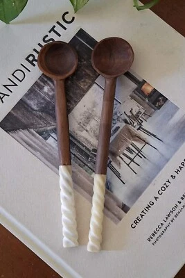 Handmade Wood Bone Handle Utensil Long Spoon Set Of 2 Rustic Folk Unique Natural - Image 1 of 4