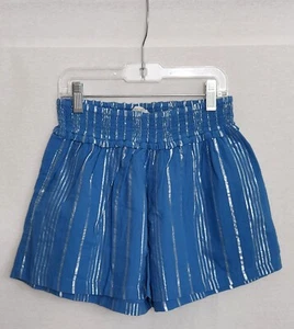 Crewcuts Girls Shorts 8 Cotton Blend Blue Silver Striped Elastic Waist Pull On - Picture 1 of 5