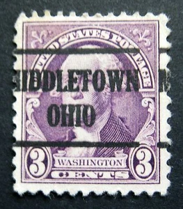 Sc # 720 ~ 3 cent Washington by Gilbert Stuart, Precancel, MIDDLETOWN OHIO - Picture 1 of 1