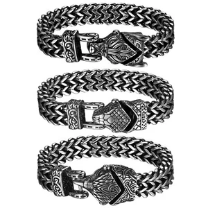 8.7in Franco Chain Bracelet Viking Wolf Snake Eagle Bangle Stainless Steel 12MM - Picture 1 of 23