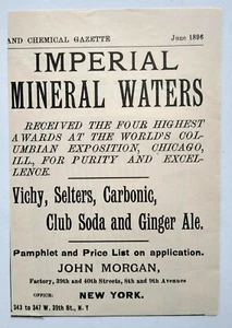 Anuncio impreso vintage Imperial Mineral Waters Club Soda Ginger Ale John Morgan 1896 - Imagen 1 de 2