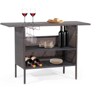 Brown Plastic Wicker Outdoor Patio Bar With Counter Table Multiple Shelves - Picture 1 of 12
