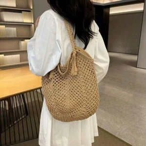 Solid Color Summer Beach Tote Bag Large Capacity Travel Crochet Handbag - Picture 1 of 12