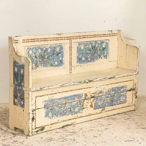 Antique Original Painted White Bench With Flowers, Hidden Storage Under Seat Cover