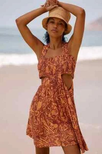 Neu mit Etikett Anthropologie Bandeau Piper orange rost Blumen Sommer Cutout Minikleid XL - Bild 1 von 9