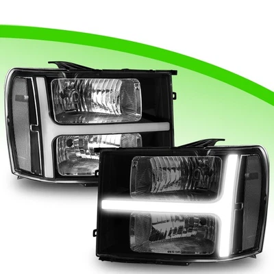For 2007-2013 14 GMC Sierra 1500 2500 3500HD LED DRL Black Headlights Lamp Pair - Image 1 of 4