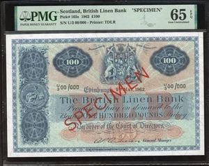 Schottland 100 Pounds 1962 P:165s UNC PMG 65 EPQ British Linen Bank "SPECIMEN" - Bild 1 von 2