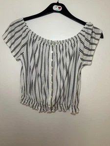 Ladies Black & White Off Shoulder Striped Crop Blouse Size 10 Bxf - Picture 1 of 9