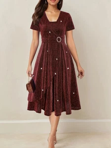 Asymmetrical Hem Short Sleeve V-neck Cross Elegant Solid Color Rhinestone Dress - Picture 1 of 2