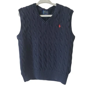 Polo Ralph Lauren Boys Kids Blue Cable Knit Sweater Vest Red Logo 6 Preppy - Picture 1 of 6