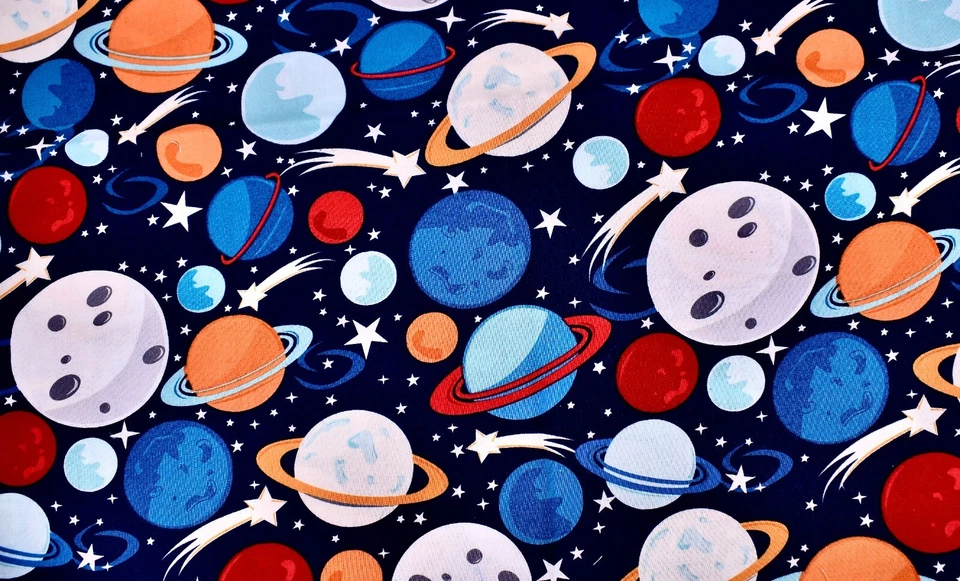 Planets & Stars Fabric,Colorful Planets,Shooting Stars,Black,Cotton,44"x36" - Image 1 of 1