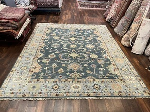 Alfombra turquesa genuina anudada a mano Oushak de área geométrica turquesa 8'2x9'11 - Imagen 1 de 12