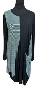 Comfy USA Top Tunic Dress Black Blue Striped Crinkle Stretchy Casual M - Picture 1 of 7