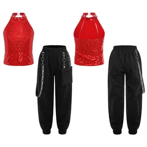 Kids Girls Sets Shiny Tracksuit Sparkling Outfit Stage Performance Crop Top - Picture 1 of 63