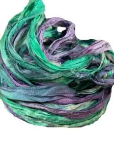 Recycled Sari Silk Ribbon Yarn -Green ,Purple Grey, shaded -50 GMS - Boho Ribbon - Picture 1 of 3