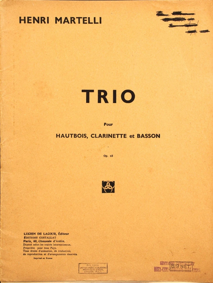 Henri Martelli trio for oboe. clarinet and bassoon opus 45 . 3 parts and score - Image 1 of 1