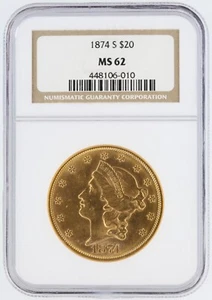 1874-S Liberty Head Double Eagle NGC MS62 $20 San Francisco Minted Gold Coin - Picture 1 of 4