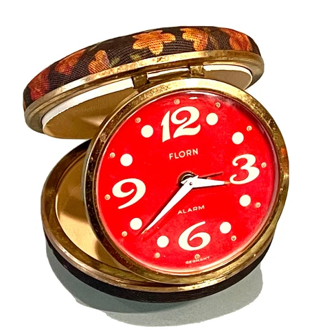 Antique Vintage Florn Germany Embroidery Alarm Round Table Desk Travel Clock Old Cover