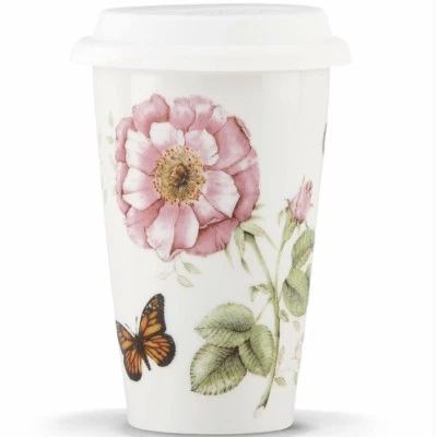 Taza de té de café de viaje de cerámica térmica LENOX Butterfly Meadow floral NUEVA 10 oz. Foto 1 de 2