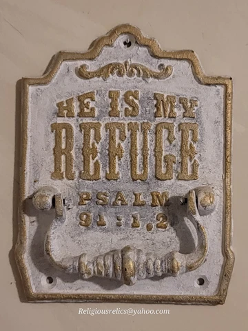 DOOR KNOCKER Cast Iron Antique Style Rustic "He is My Refuge" White and Gold Cover