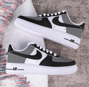 Air Force 1 Custom niedrige weiße Schuhe, schwarz & grau einfarbig Herren Damen Kinder - Bild 1 von 23