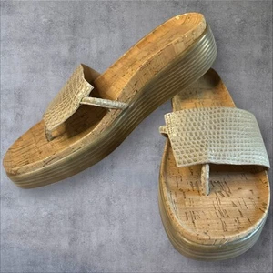 HTF Donald Pliner Fifi Leather Sz 9 Platform Sandals Slide Gold Metallic Print - Picture 1 of 11