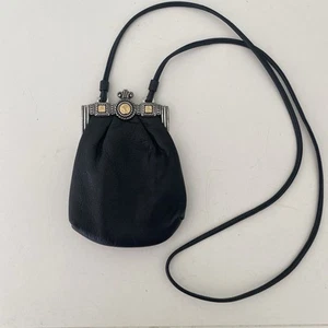 Brighton kleine One World Schultertasche Crossbody schwarz silber Kisslock Leder - Bild 1 von 6