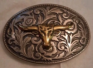 WESTERN FLORAL LONGHORN BULL COWBOY COWGIRL BELT BUCKLE! VINTAGE! 1980s! - Picture 1 of 3