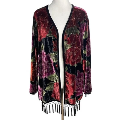 CHICOS Velvet Fringe Boho  Floral Dark Romance Kimono Duster Size 3 Large - Image 1 of 4
