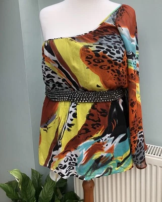 South One Shoulder Top Size 16 Colourful Flare Sleeve Beaded Waist 38” Bust New - Image 1 of 4