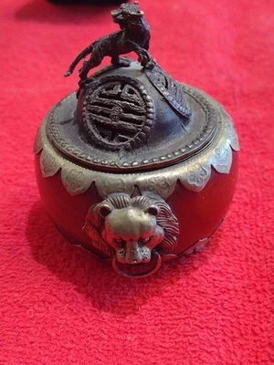 "Quemador de incienso chino de latón y mármol Foo Lion de colección - FIRMADO 3"" muy raro"  Foto 1 de 4