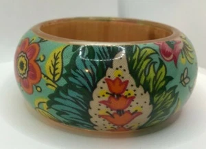 Floral Tapestry Lucite Bangle Bracelet Chunky Wide Colorful Teal Pink - Picture 1 of 9