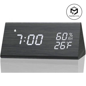 Reloj despertador de madera con pantalla LED de tiempo, cargador USB, detección - Imagen 1 de 10